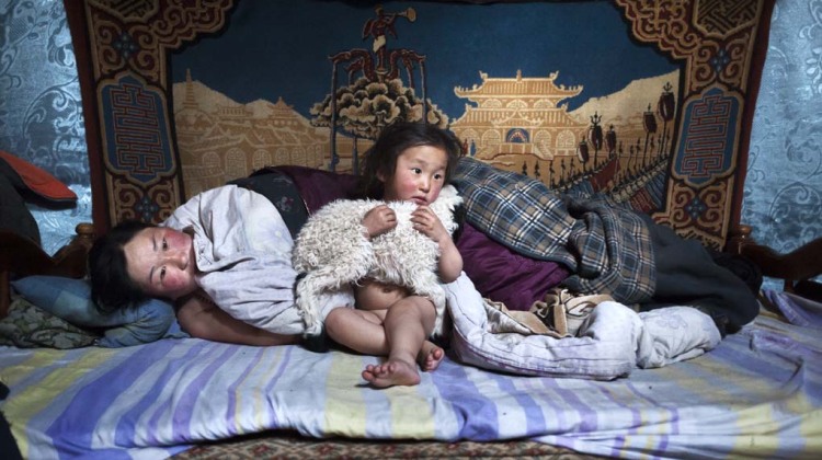 © Alessandro Grassani - Asia, Mongolia. Erdene Tuya together with her 3 years old son called Tuvchinj (he hugs a young sheep which sleeps with them) just wake up.