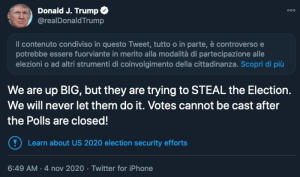 ++ Twitter segnala tweet di Trump su 'elezioni rubate' ++