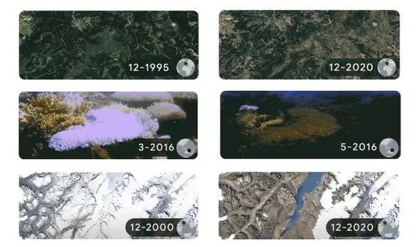 Immagini della deforestazione delle foreste di Harz in Germania, dello sbiancamento dei coralli sulla Grande Barriera Corallina in Australia e dello scioglimento dei ghiacciai a Sermersooq, in Groenlandia, appaiono come doodle di Google per la Giornata della Terra 2002. Composito: Google Earth Timelapse