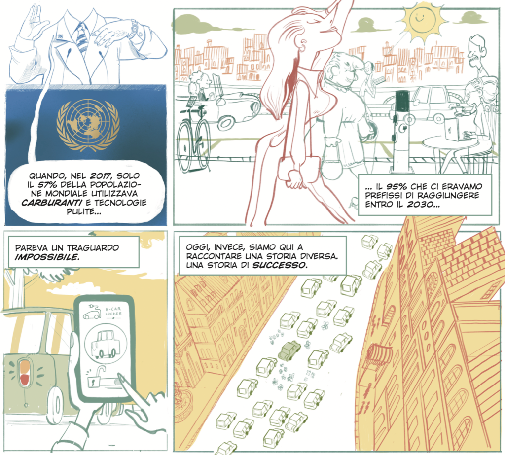Striscia del fumetto illustrato da Cangiano per il Contest "Where will we be in 2030?" sulla green economy