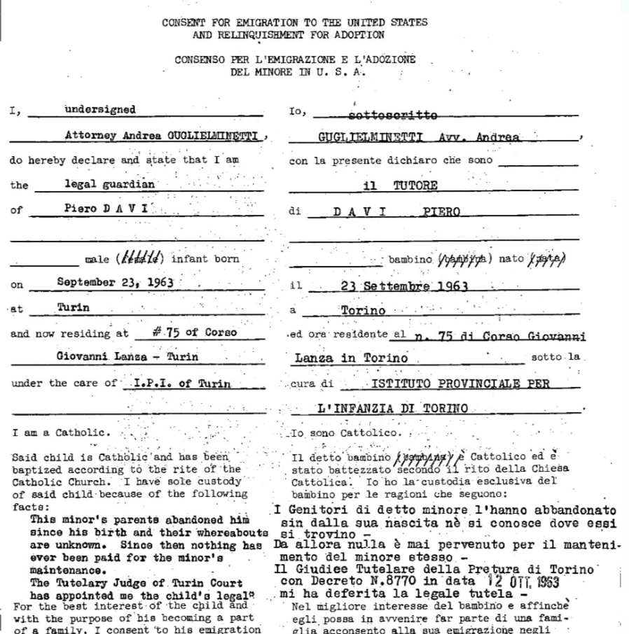 Il consenso per l'emigrazione di John Campitelli negli Stati Uniti dove veniva riconosciuto come orfano. Documento da John Campitelli